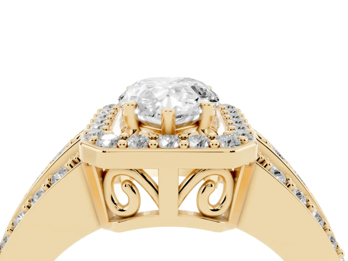 Pear Cut Halo Diamond Ring with Round Split Shank and Prong Setting Yellow gold