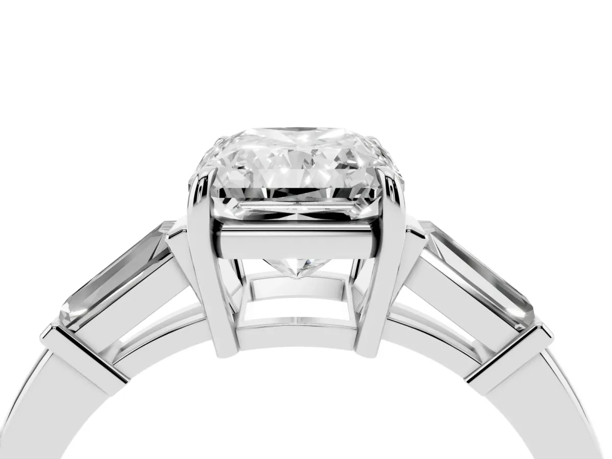 Radiant Cut Diamond Three-Stone Ring with Tapered Baguette Side Stones and Prong Setting White gold