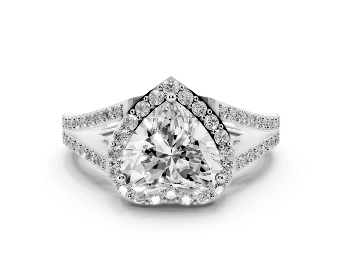 Heart Cut Halo Split Shank Pave Diamond Ring with Four-Prong Setting Silver