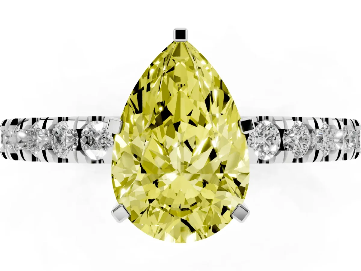 Fancy Yellow Pear Cut Solitaire Diamond with Pavé Band and Four-Prong Setting Silver