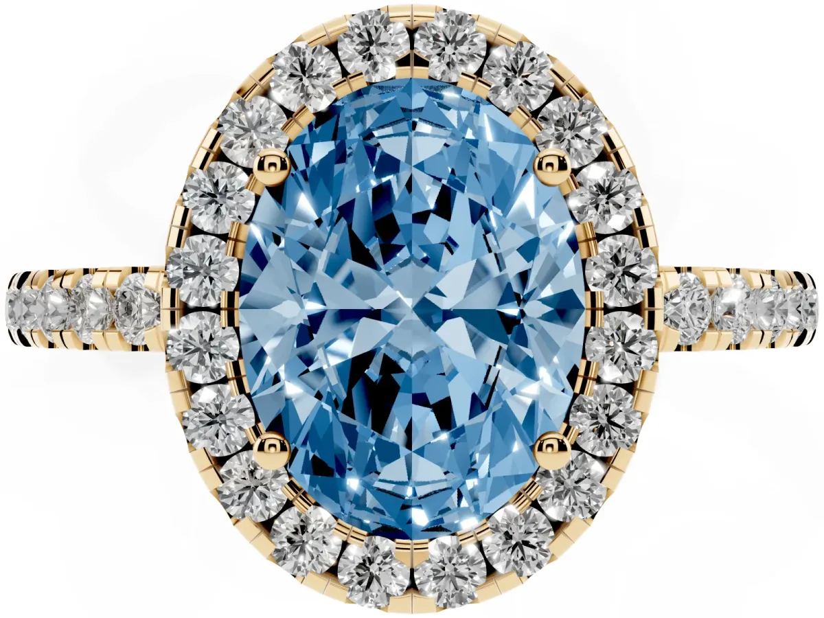 Fancy Blue Oval Cut Halo Diamond Engagement Ring with Pavé Band and Four-Prong Setting Yellow gold