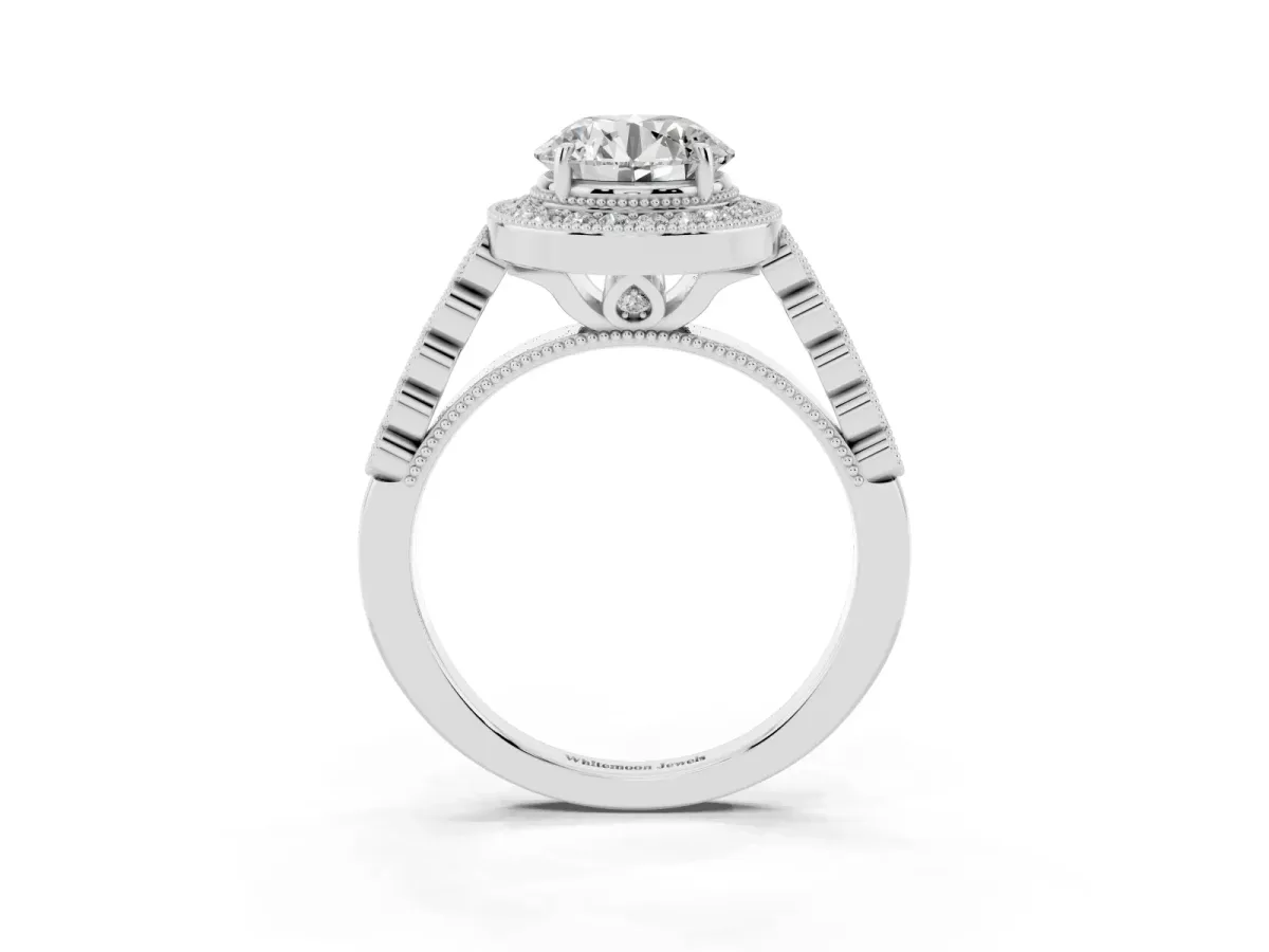 Round Cut Halo Milgrain Solitaire with Bezel Set Side Stones and Pave Band White gold
