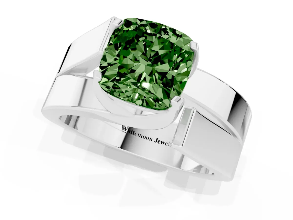 Fancy Green Modern Tension Set Cushion Cut Diamond Solitaire Wide Band Ring Silver
