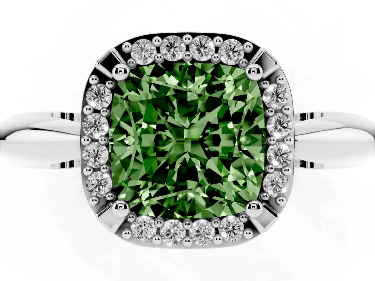 Fancy Green Cushion Cut Cut Diamond Halo Engagement Ring with Split Shank and Four-Prong Setting Silver
