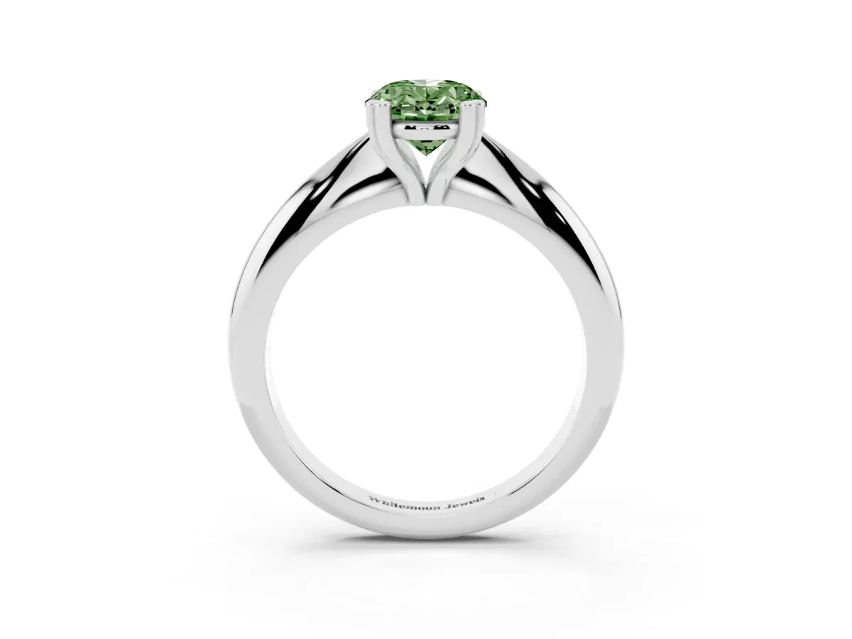 Fancy Green Oval Cut Cut Solitaire Engagement Ring with Tapered Band and Four-Prong Setting Silver
