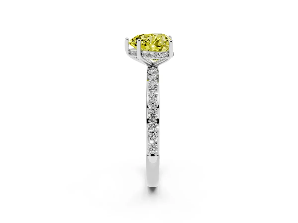 Fancy Yellow Heart Cut Diamond Solitaire Ring with Pavé Band and Hidden Halo Silver