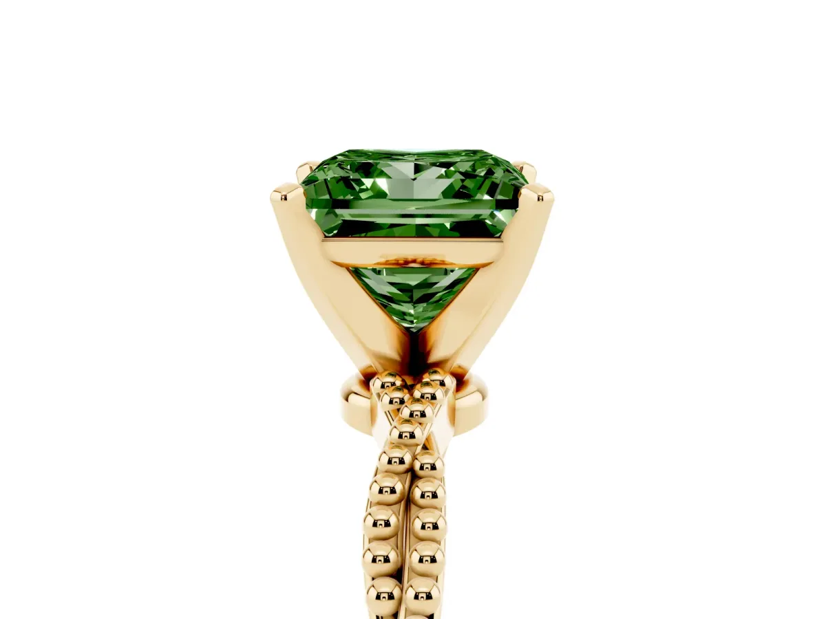 Fancy Green Princess Cut Solitaire Twisted Band with Bead Prong Setting Yellow gold