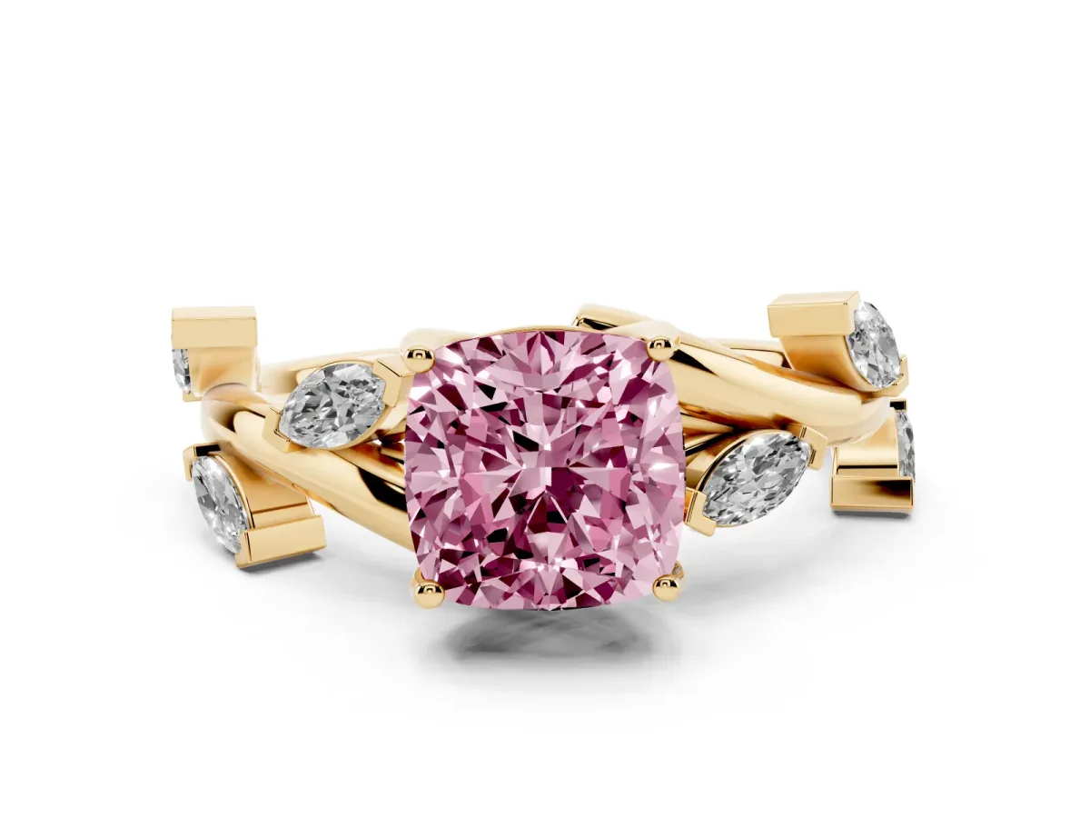 Fancy Pink Cushion Cut Solitaire Twisted Band Marquise Accent Prong Setting Ring Yellow gold