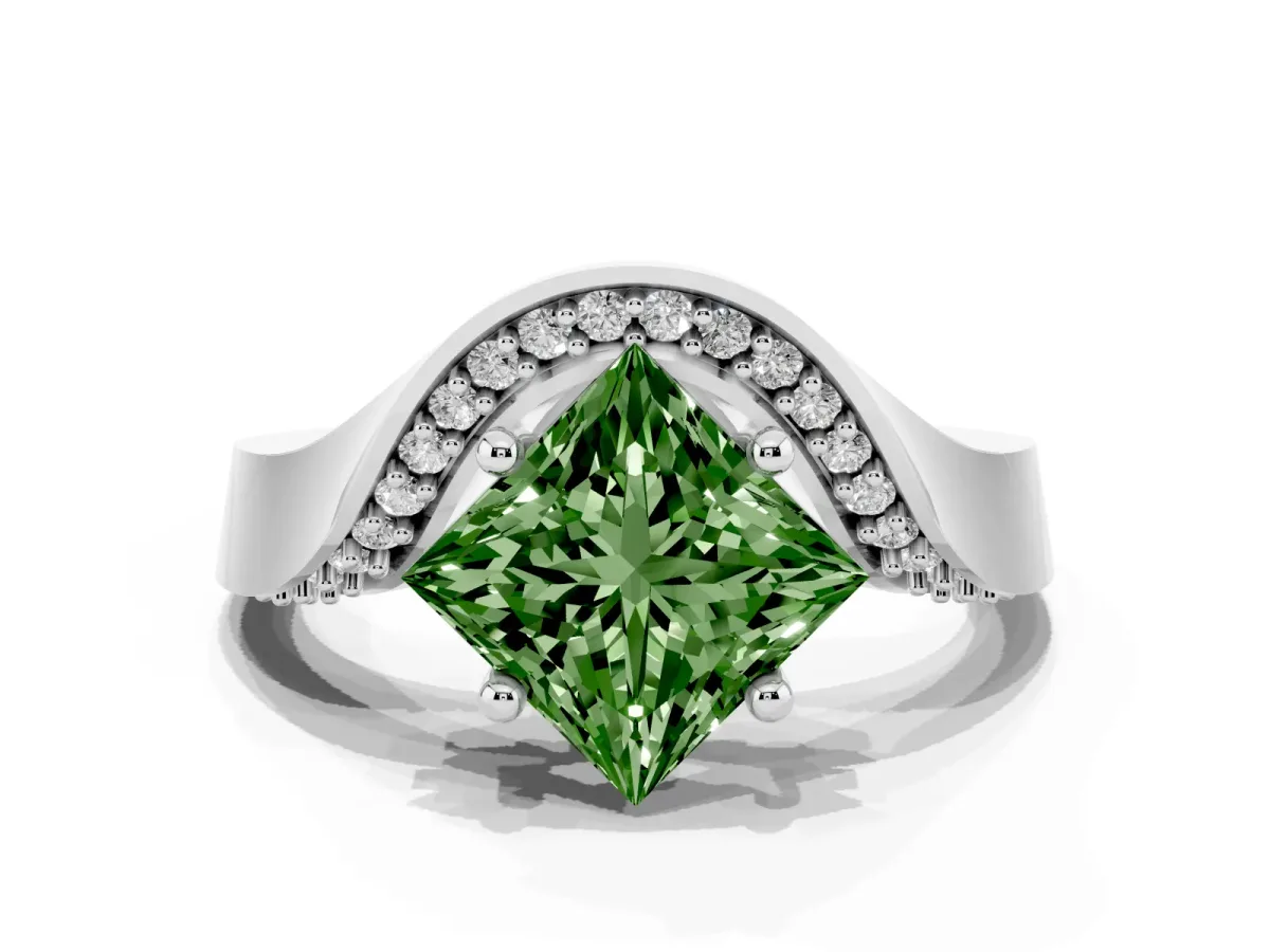 Fancy Green Princess Cut Solitaire Diamond Engagement Ring with Pave Band and Four-Prong Setting White gold