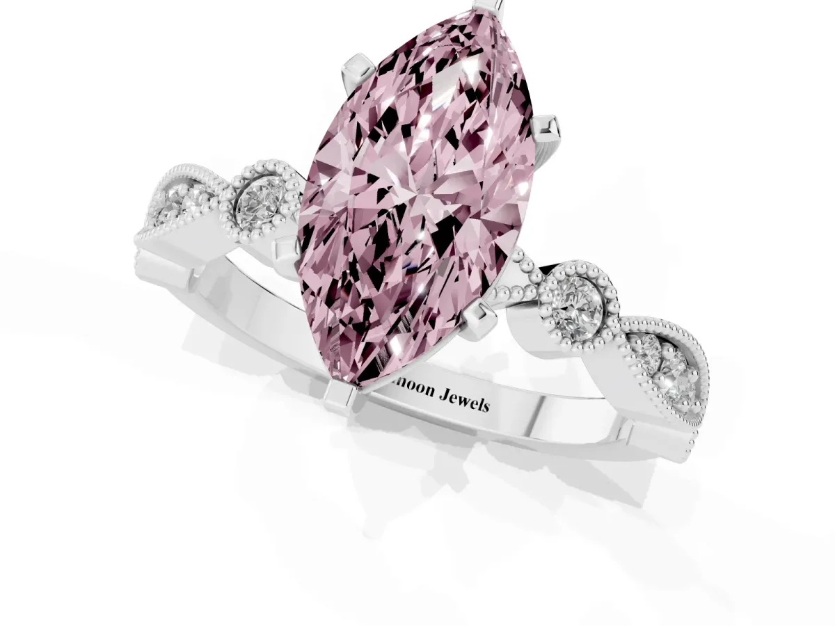 Fancy Pink Marquise Cut Milgrain Bezel Diamond Engagement Ring with Solitaire Prong Setting Silver