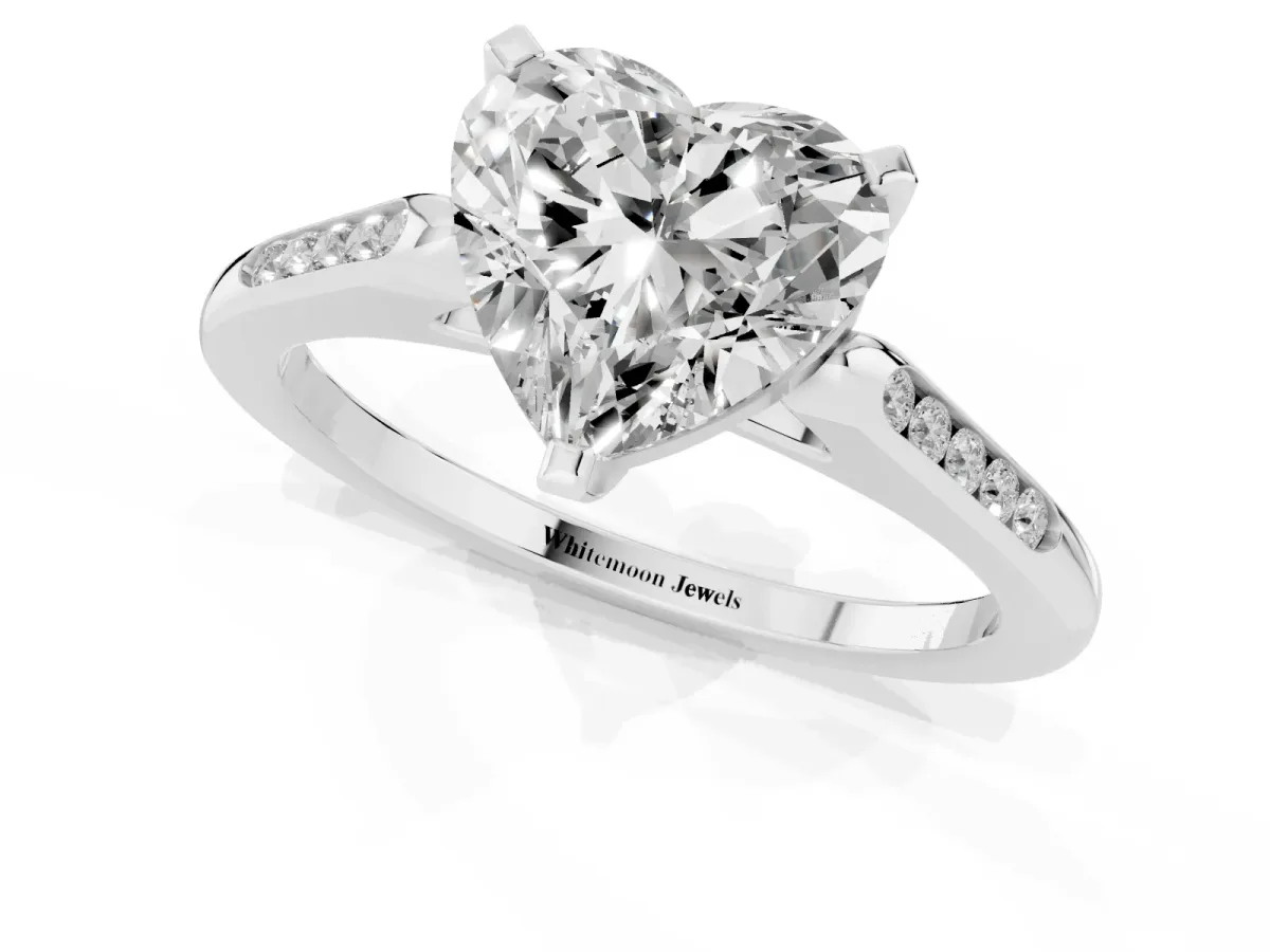 Heart Cut Diamond Solitaire Ring with Channel Set Round Band and Prong Setting Silver