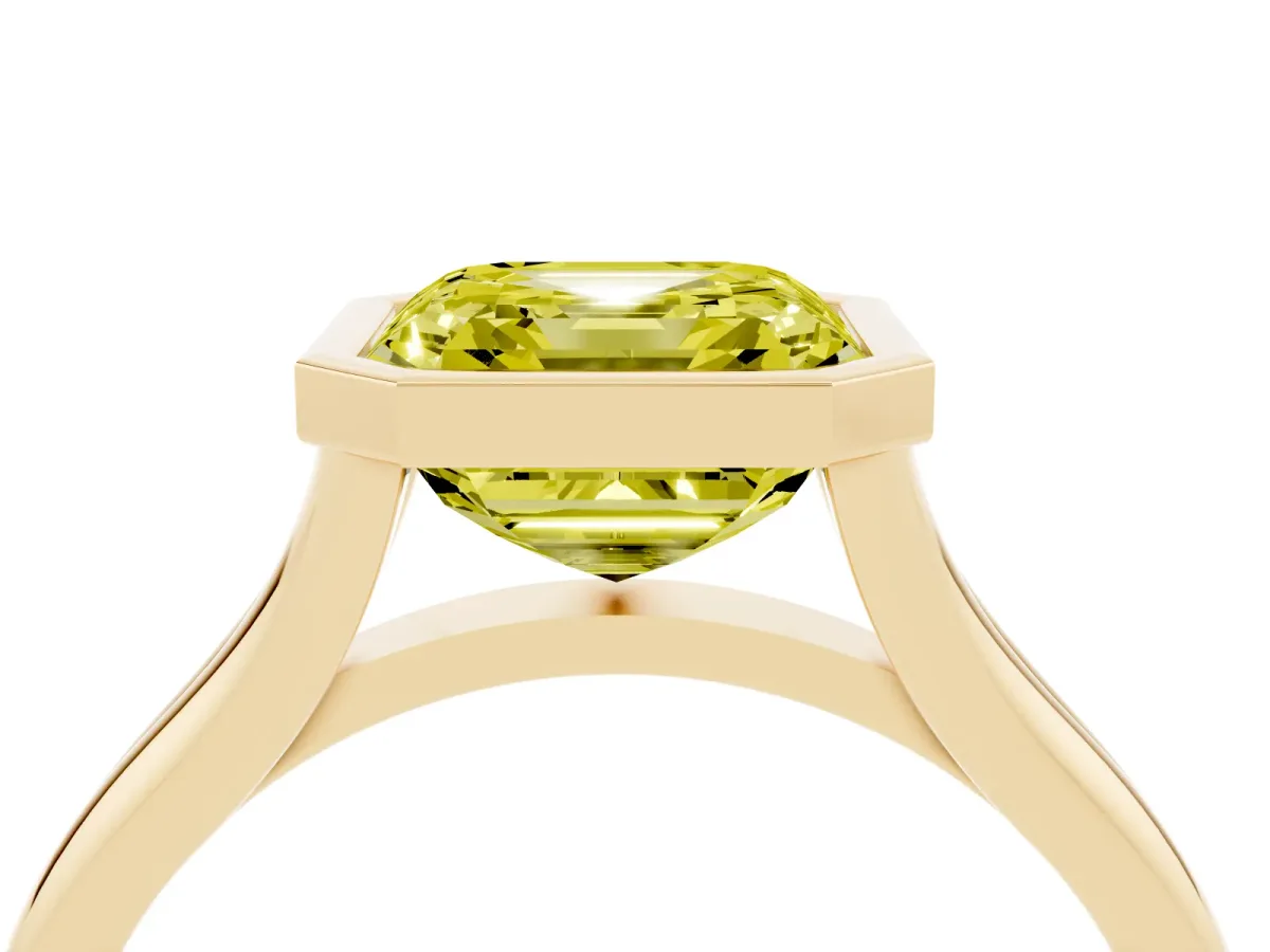 Fancy Yellow Bezel Set Asscher Cut Cut Solitaire Ring with Tapered Band Yellow gold