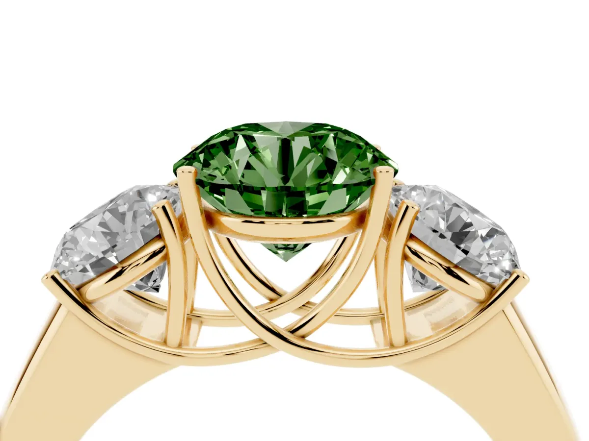 Fancy Green Three-Stone Round Cut Cut Diamond Ring with Prong Setting and Classic Band Yellow gold