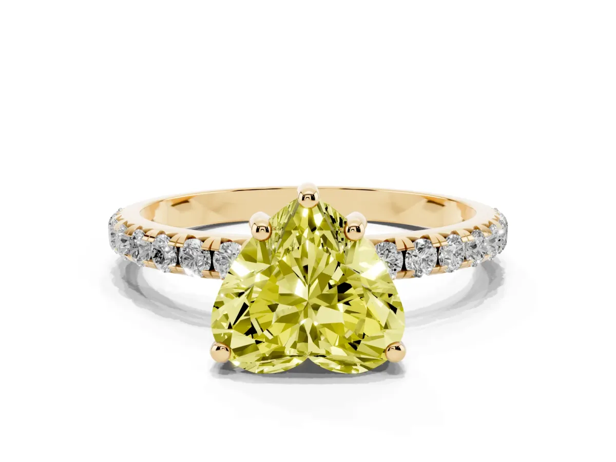 Fancy Yellow Heart Cut Cut Diamond Solitaire Ring with Micro Pave Band and Four Prong Setting Yellow gold