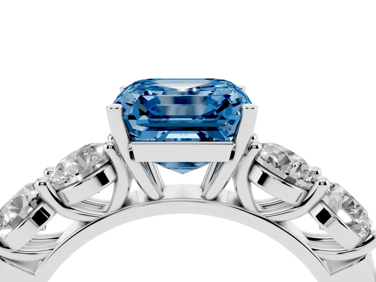 Fancy Blue Asscher Cut Cut Five-Stone Prong Set Diamond Ring with Classic Band White gold