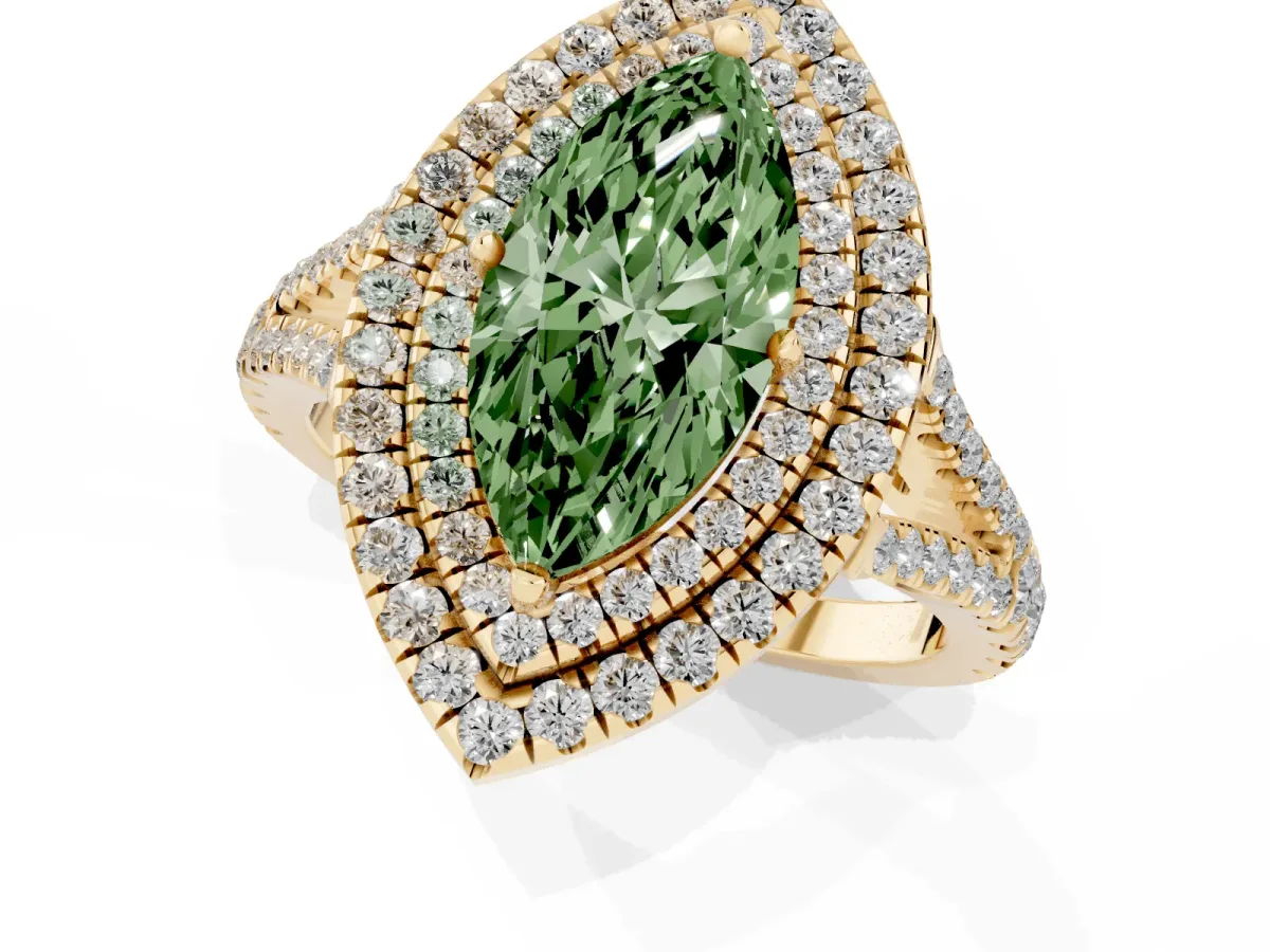 Fancy Green Marquise Cut Diamond Double Halo Ring with Pavé Band and Prong Setting Yellow gold