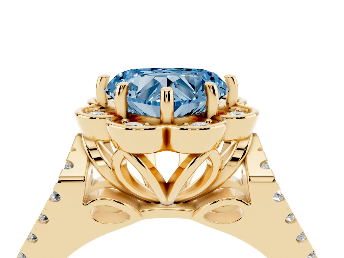 Fancy Blue Heart Cut Halo Diamond Floral Split Shank Engagement Ring Yellow gold
