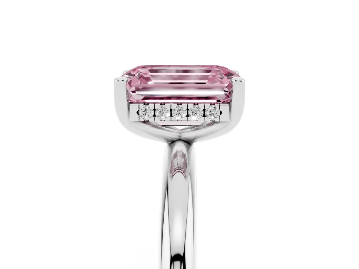Fancy Pink Emerald Cut Cut Solitaire Engagement Ring with Four-Prong Setting and Classic Band Platinum