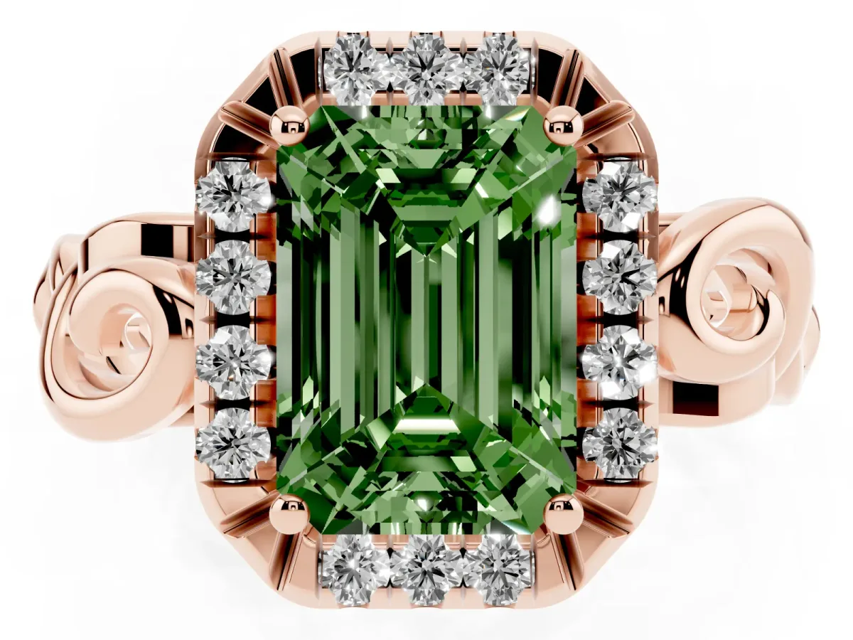 Fancy Green Emerald Cut Cut Halo Diamond Ring with Scrollwork Band and Four-Prong Setting Rose gold