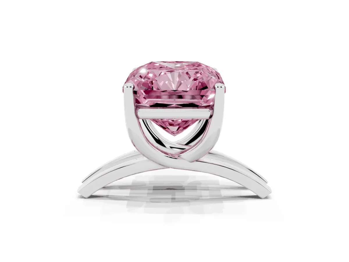 Fancy Pink Radiant Cut Cut Diamond Solitaire Engagement Ring with Tapered Plain Band and Four-Prong Setting Silver
