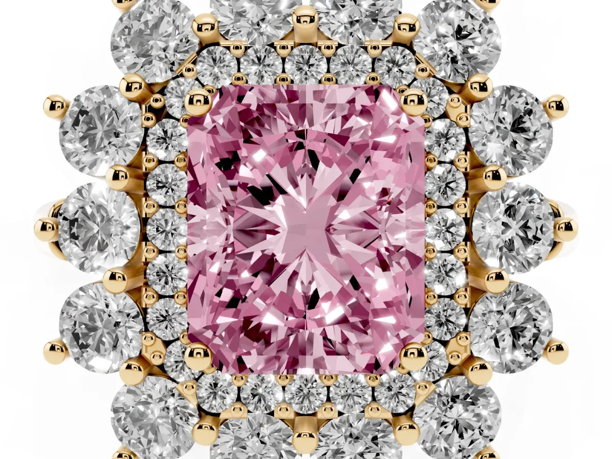 Fancy Pink Radiant Cut Diamond Floral Double Halo Engagement Ring with Prong Setting Yellow gold