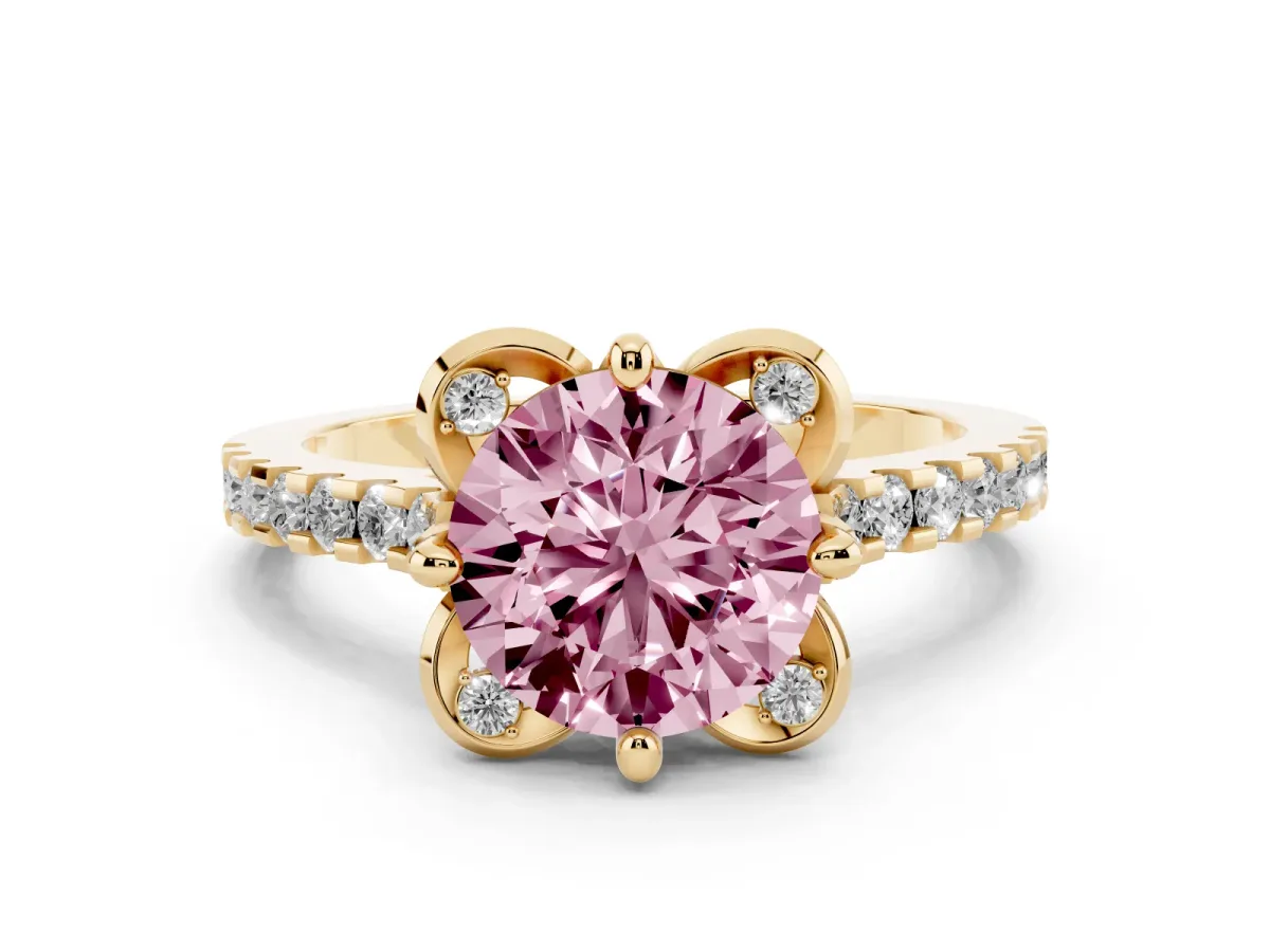 Fancy Pink Round Cut Diamond Ring with Pavé Band and Floral Prong Setting Yellow gold