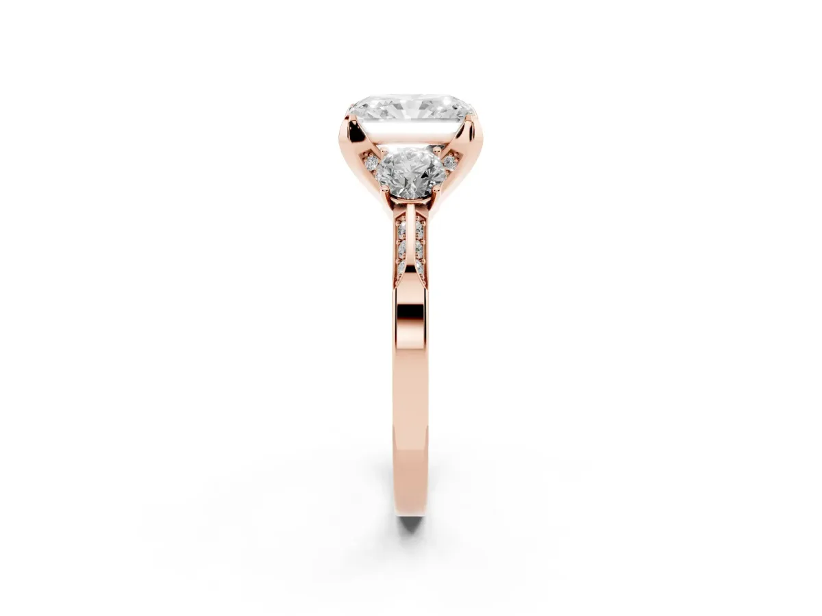 Radiant Cut Brilliant Three-Stone Diamond Ring with Pavé Band and Four-Prong Setting Rose gold