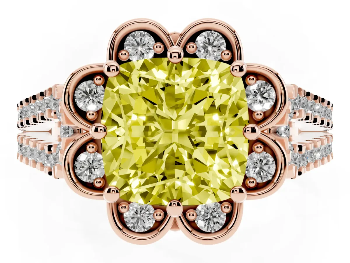 Fancy Yellow Cushion Cut Halo Diamond Floral Split Shank Engagement Ring Rose gold