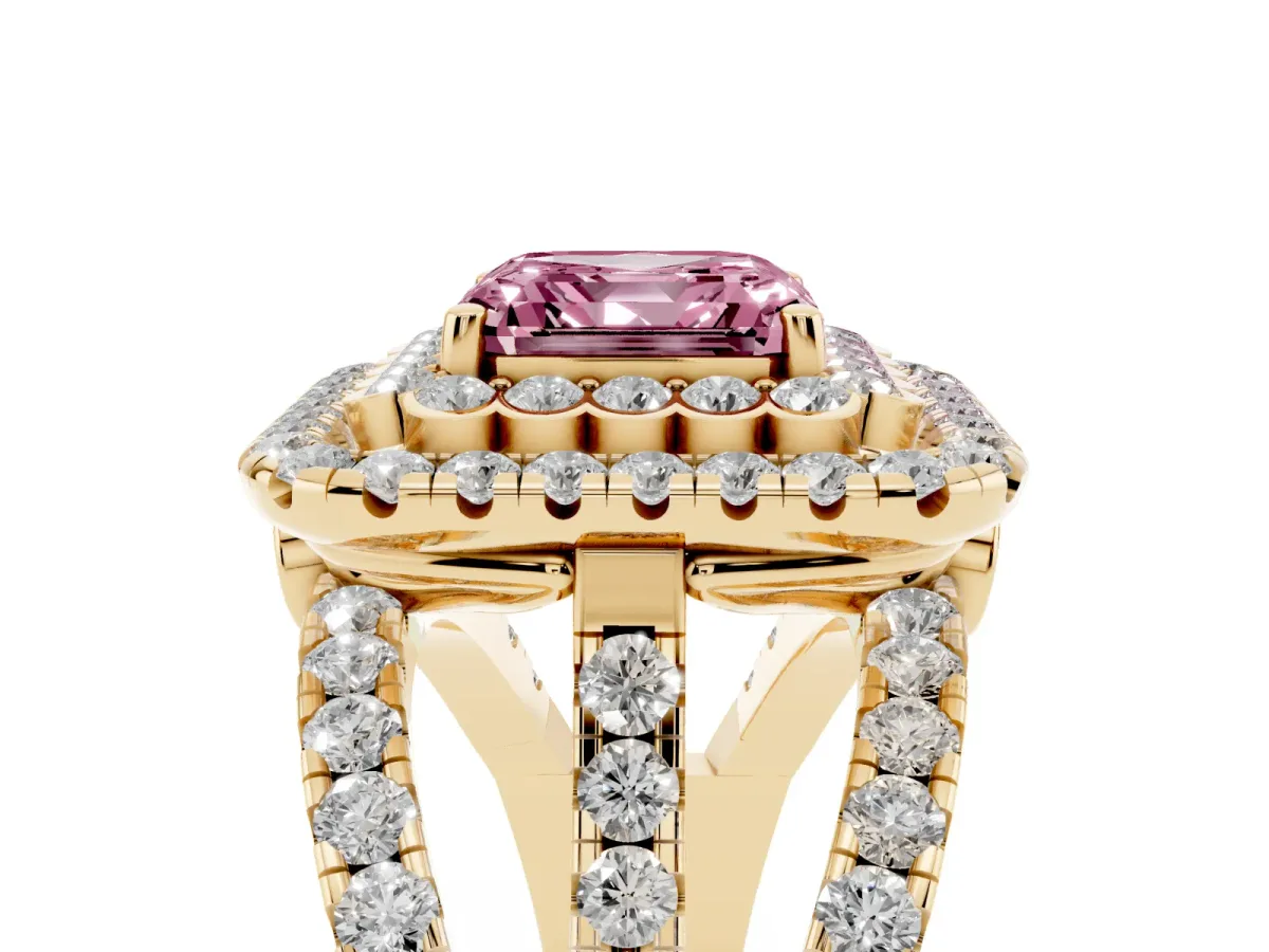 Fancy Pink Asscher Cut Diamond Double Halo Ring with Round Pavé Split Shank and Prong Setting Yellow gold