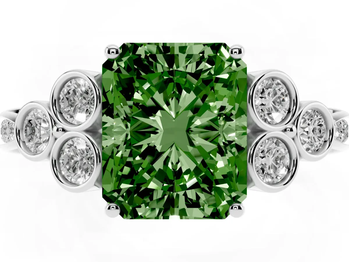 Fancy Green Radiant Cut Cut Diamond Engagement Ring with Bezel Set Round Side Stones and Prong Setting Silver