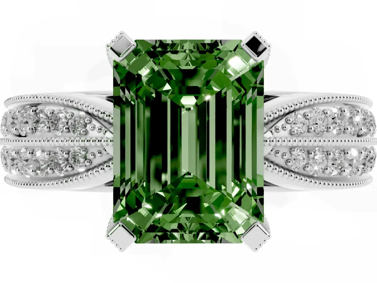 Fancy Green Emerald Cut Diamond Solitaire Ring with Milgrain Round Pavé Band and Prong Setting Platinum
