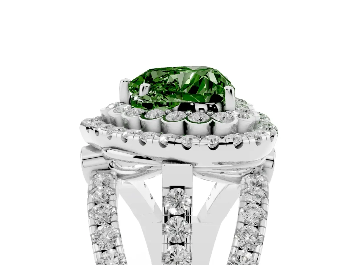 Fancy Green Heart Cut Diamond Double Halo Ring with Round Pavé Split Shank and Prong Setting Silver