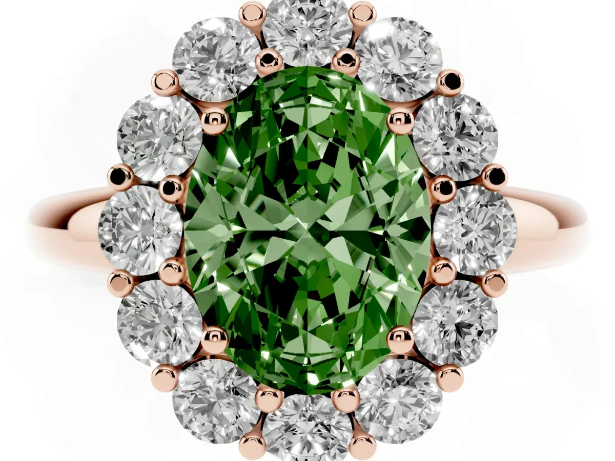 Fancy Green Oval Cut Halo Cluster Diamond Engagement Ring with Prong Setting and Polished Band Rose gold