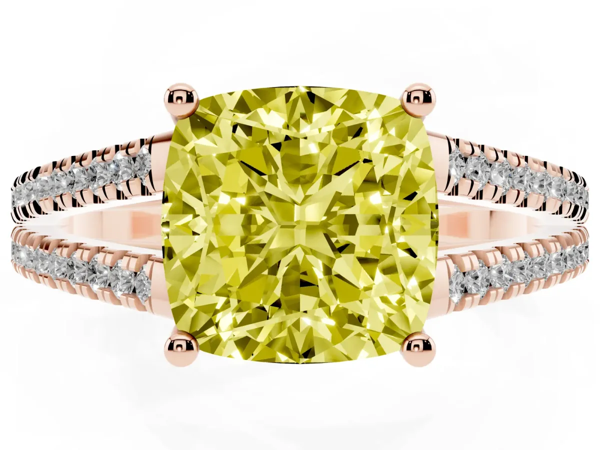Fancy Yellow Cushion Cut Diamond Solitaire Engagement Ring with Split Shank Pavé Band Rose gold
