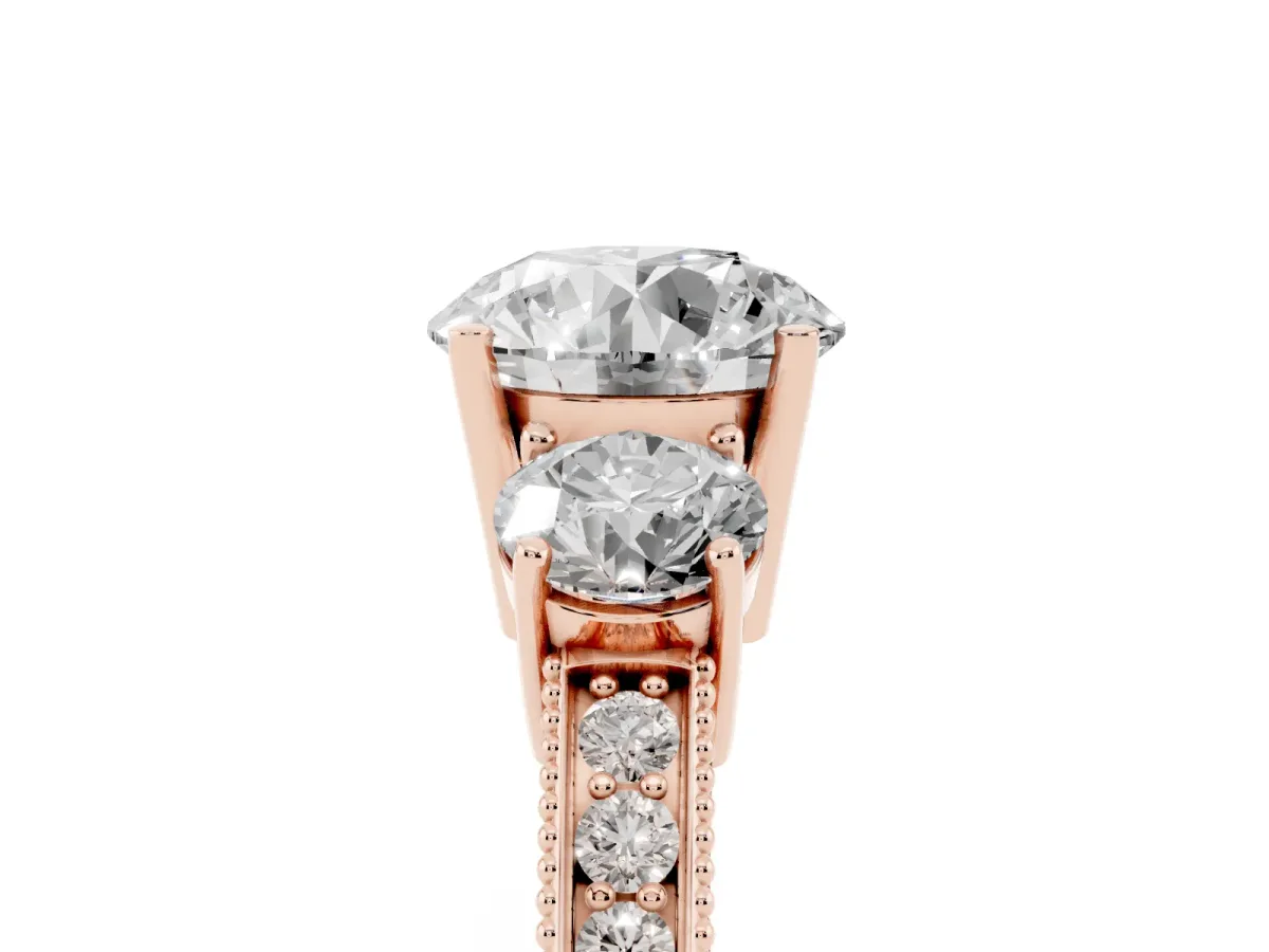 Round Cut Three-Stone Diamond Ring with Pavé Band and Four-Prong Setting Rose gold