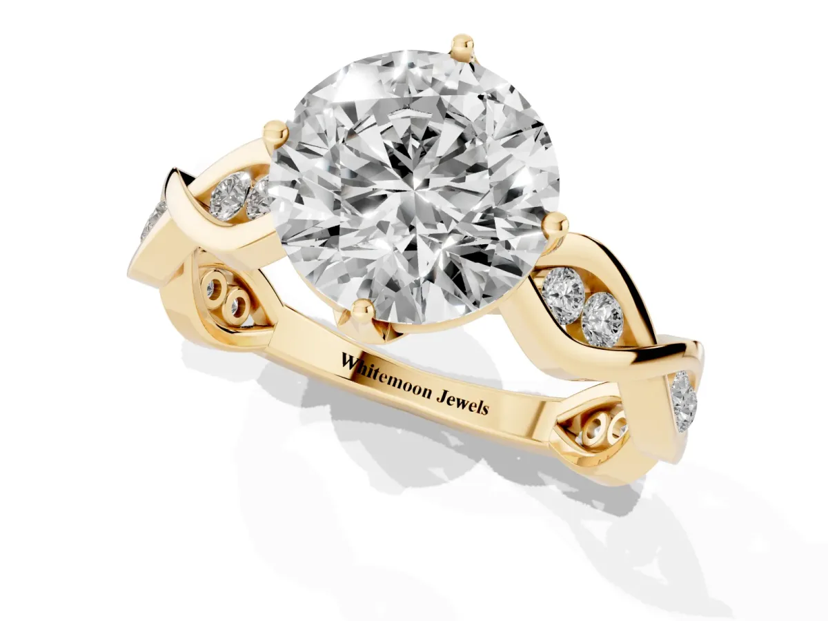 Round Cut Solitaire Twist Band with Leaf Prong Setting Yellow gold