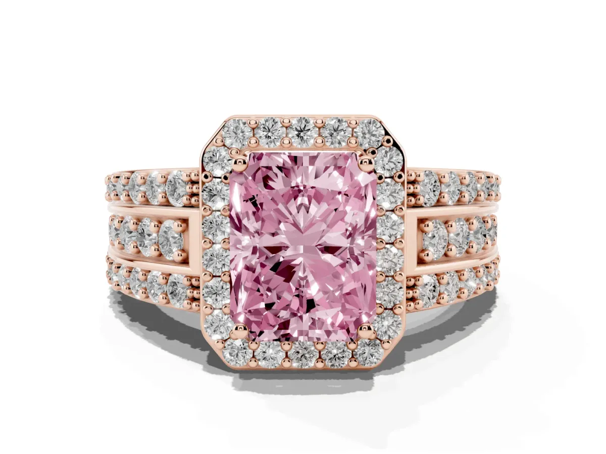 Fancy Pink Radiant Cut Halo Diamond Ring with Round Split Shank and Prong Setting Rose gold