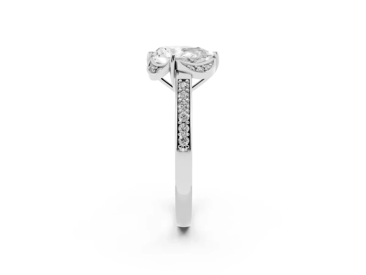 Pear Cut Cut Halo Diamond Ring with Channel Set Band and Four-Prong Setting Silver
