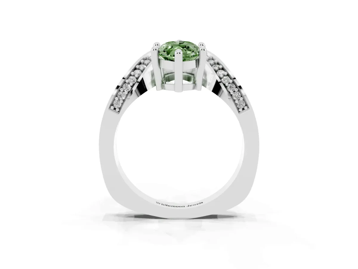 Fancy Green Marquise Cut Solitaire Diamond Engagement Ring with Pave Band and Four-Prong Setting White gold