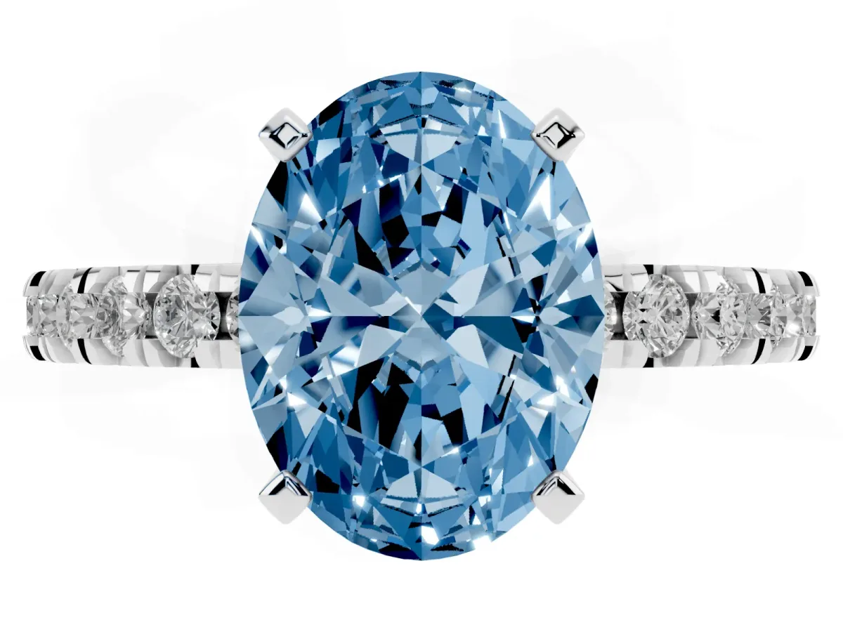Fancy Blue Oval Cut Diamond Pavé Band Solitaire with Four-Prong Setting Silver
