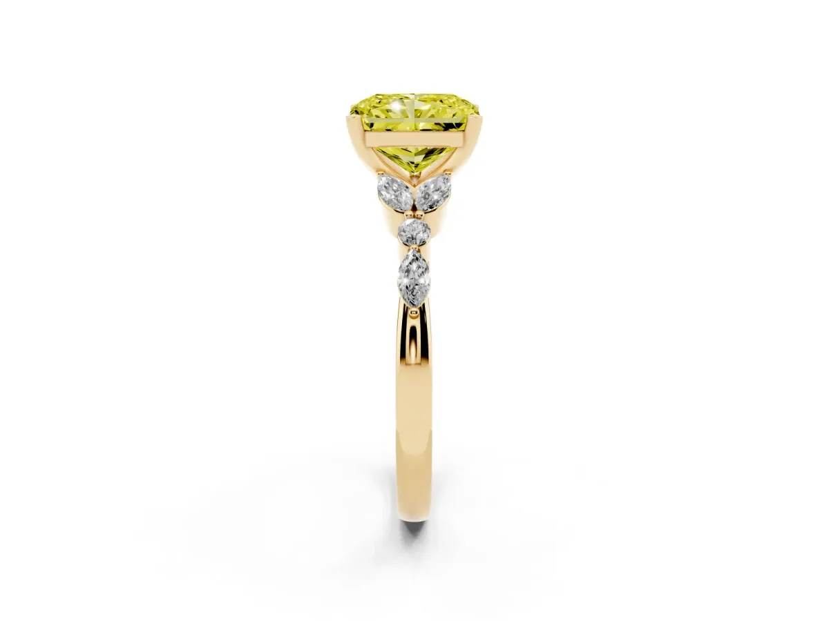 Fancy Yellow Radiant Cut Diamond Solitaire Ring with Side Stones and Four-Prong Setting Yellow gold