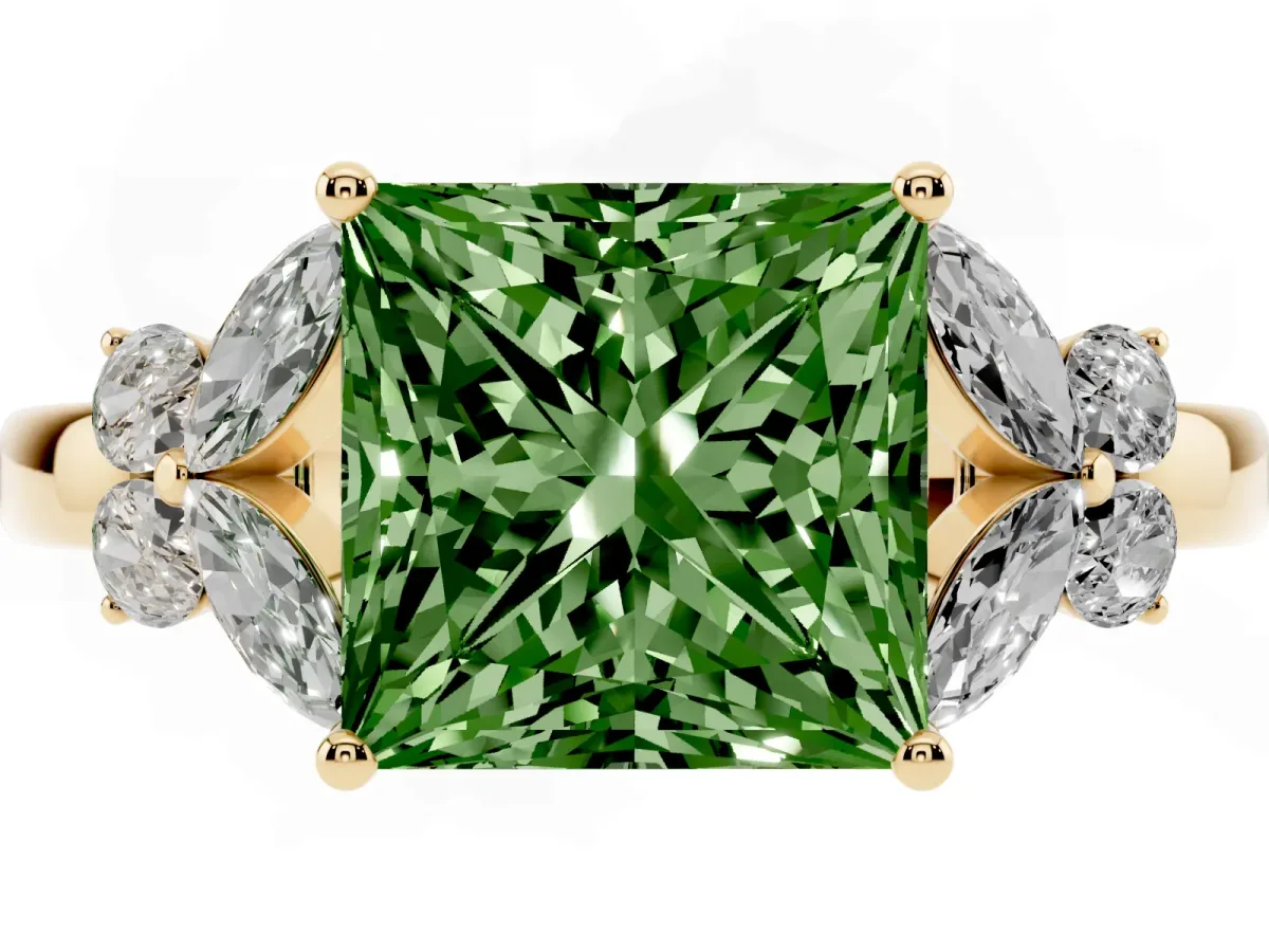 Fancy Green Princess Cut Cut Solitaire Floral Diamond Ring with Four-Prong Setting Yellow gold