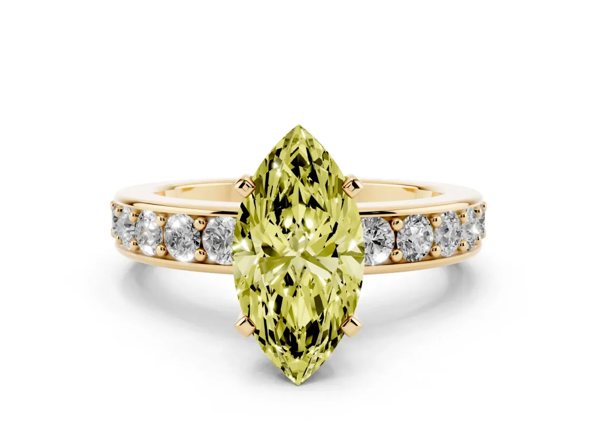 Fancy Yellow Marquise Cut Diamond Engagement Ring with Channel Set Round Band and Prong Setting Yellow gold