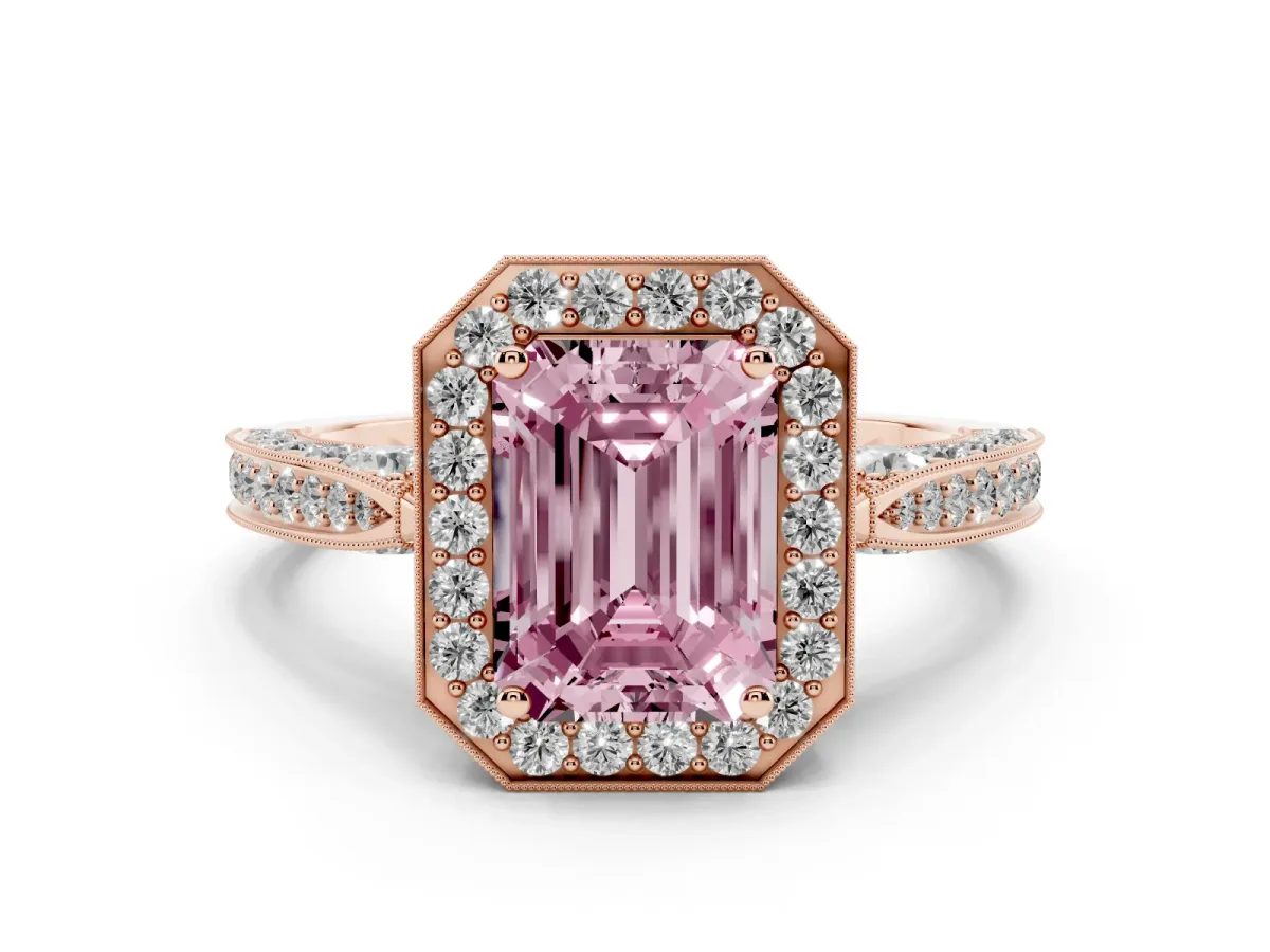 Fancy Pink Emerald Cut Halo Diamond Engagement Ring with Split Shank Band and Four-Prong Setting Rose gold