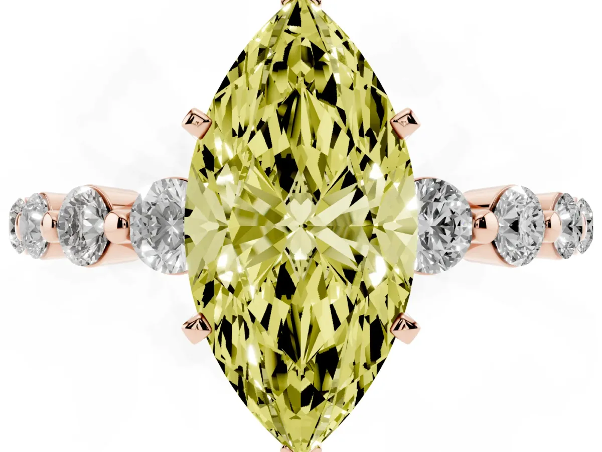 Fancy Yellow Marquise Cut Solitaire Diamond Ring with Pave Band and Four-Prong Setting Rose gold