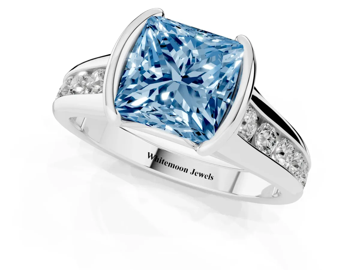 Fancy Blue Princess Cut Solitaire Bezel-Set Diamond Ring with Channel-Set Band Silver