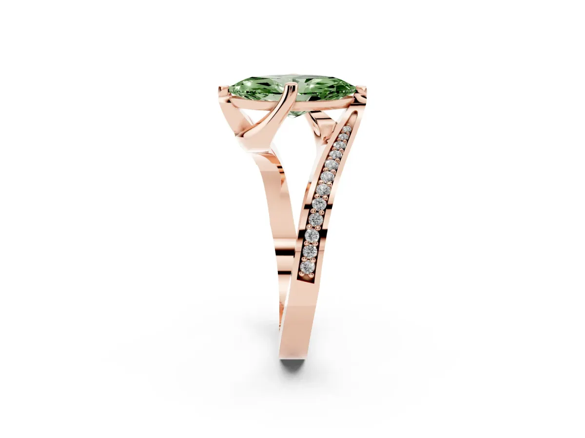 Fancy Green Marquise Cut Solitaire Diamond Twist Band with Pavé Setting and Four-Prong Setting Rose gold