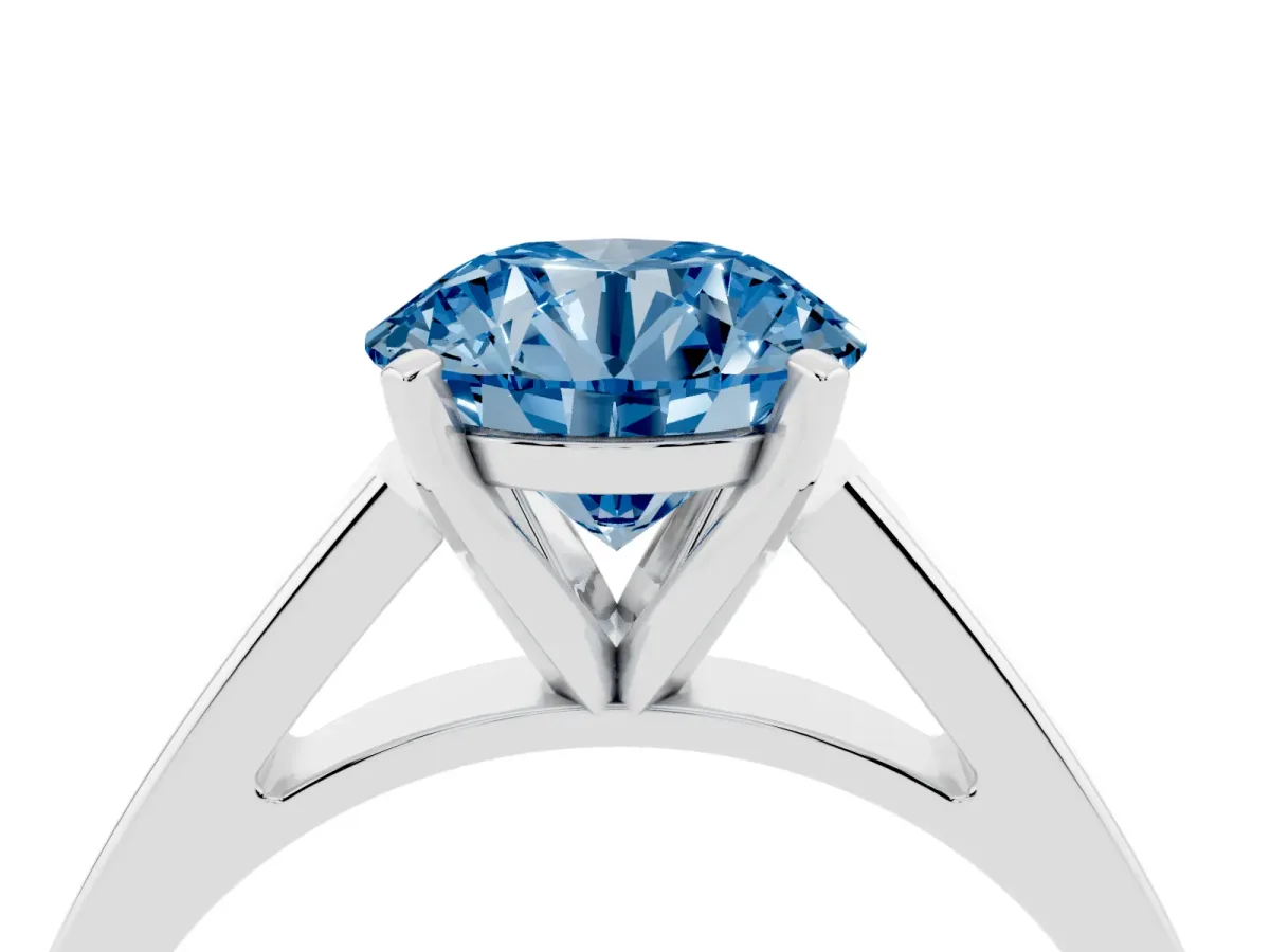 Fancy Blue Round Cut Solitaire Engagement Ring with Four-Prong Setting and Tapered Band Platinum