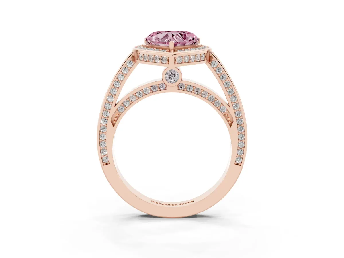 Fancy Pink Heart Cut Cut Halo Pave Split Shank Prong Setting Ring Rose gold
