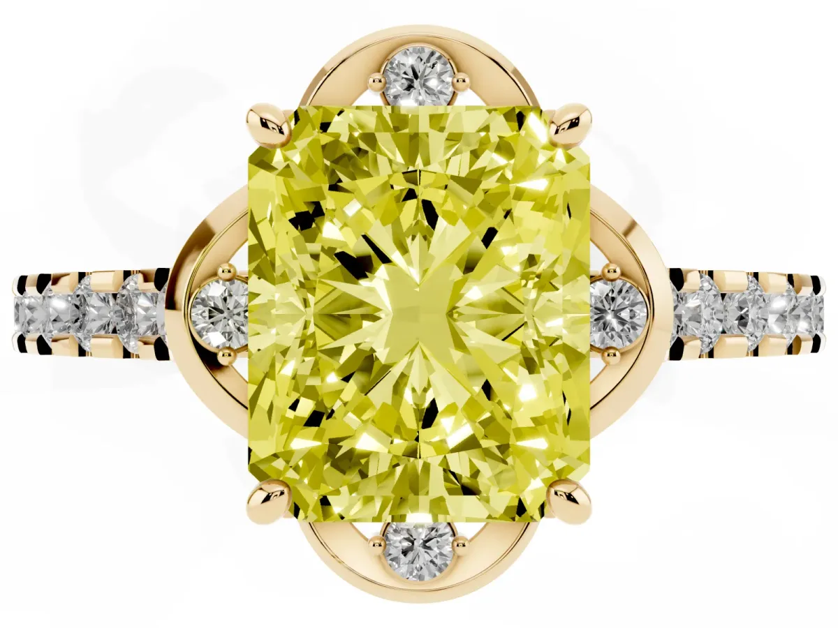 Fancy Yellow Radiant Cut Diamond Ring with Pavé Band and Floral Prong Setting Yellow gold